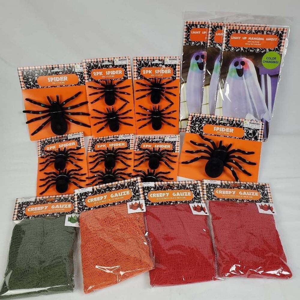 Lot of 14 Halloween Decorations Spiders, Creepy Cloth Gauze, Light Up Ghosts New